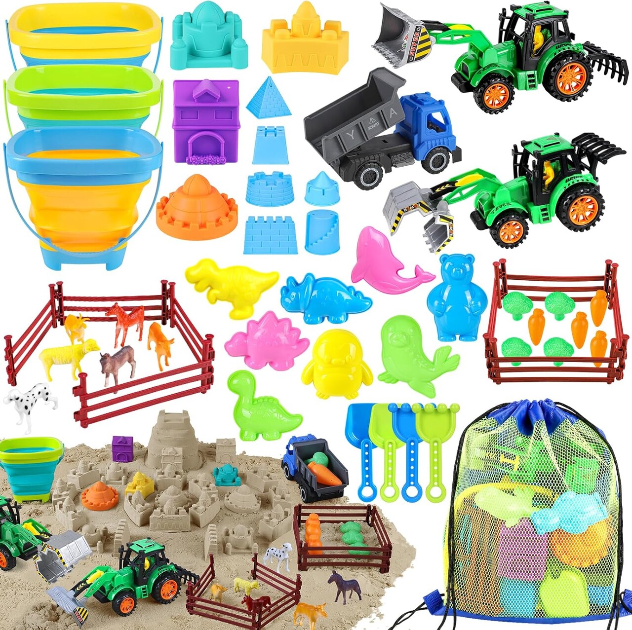 Summer Beach Toys, 45Pcs Farm Playset, Collapsible Sand Toys with Sand Buckets and Tractor Toy Set, Sand Castle Building Kit, Farm Toys, Animal Toys, Mesh Bag, Travel Beach Toys for Kids Ages 4-8